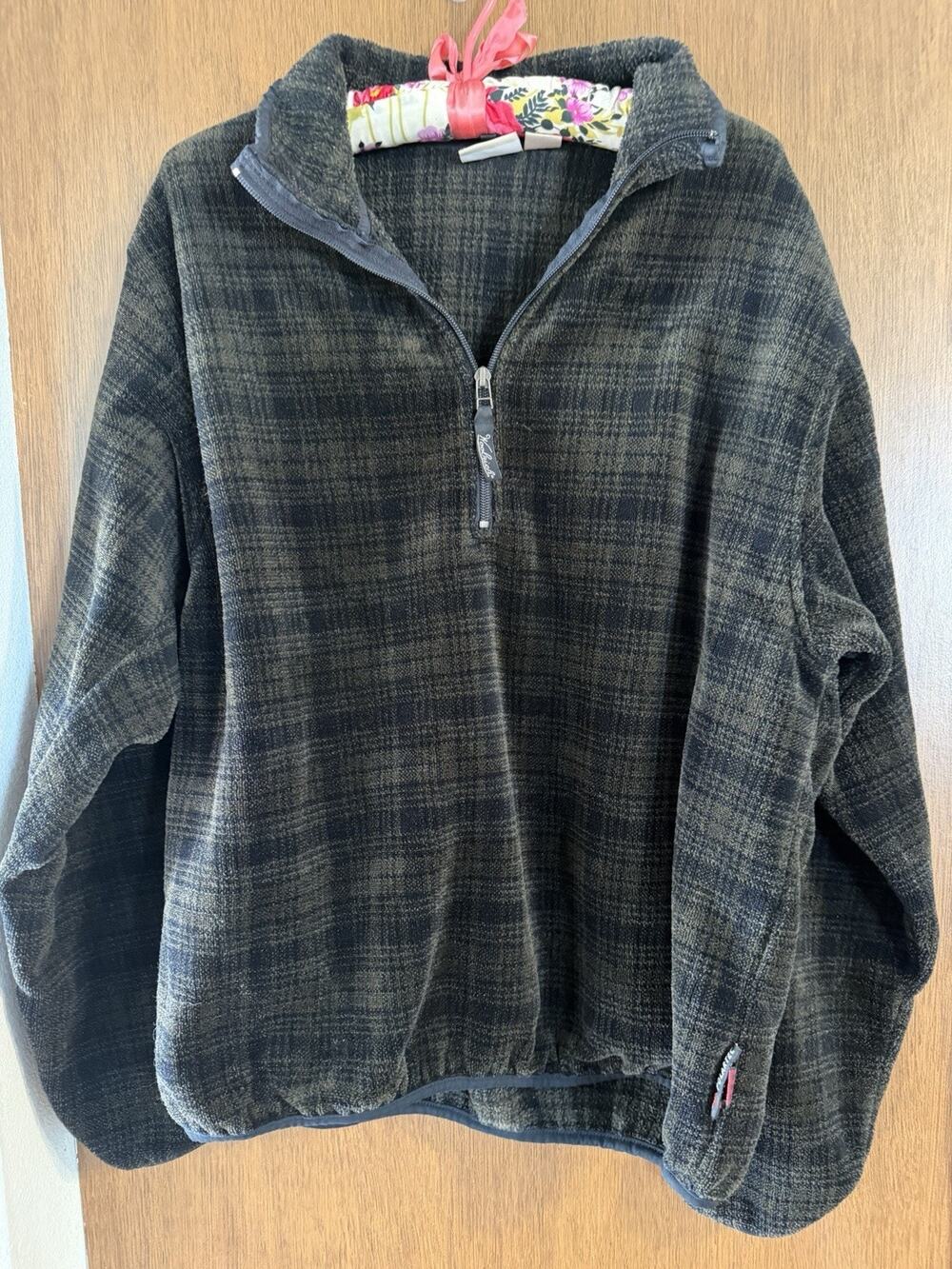 Woolrich Made in USA Polartec Olive green black plaid half zip mens sz Large